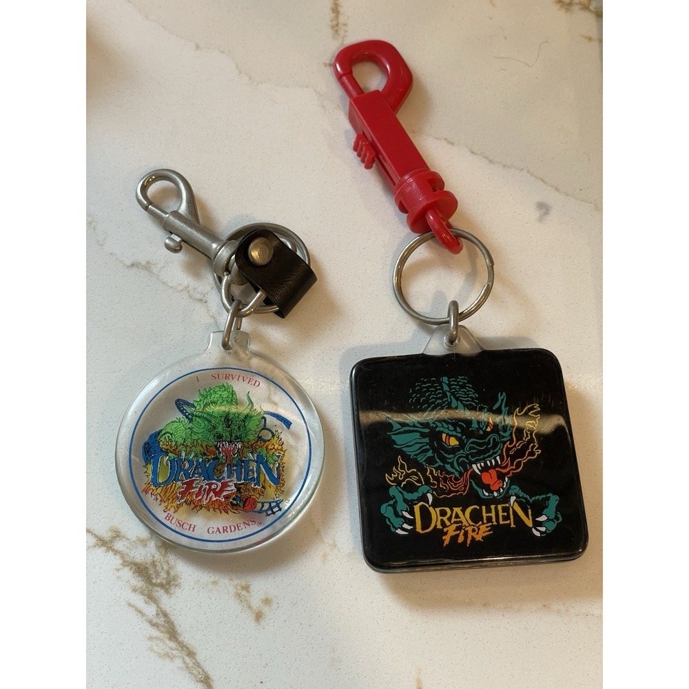 Vtg Busch Gardens Drachen Fire Keychains‎ Lot 2 Rollercoaster Ride 1990s Dragon